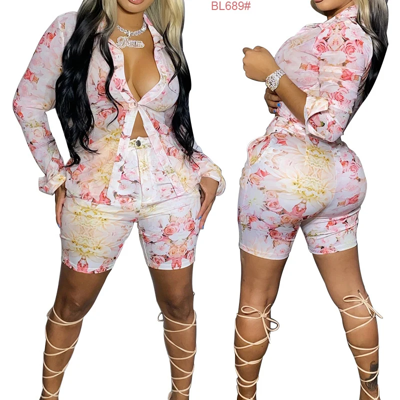 

New Casual Women's short pants set two-piece European and American printed shirt set short sets