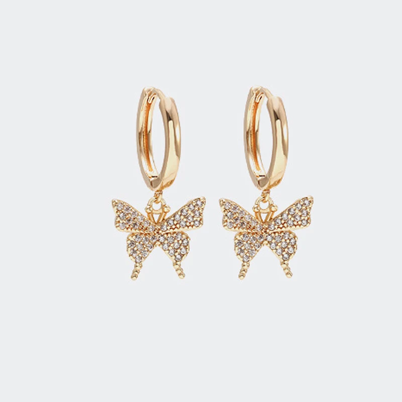 

Blues RTS hip hop Factory price cute white cubic zircon brass drop butterfly dangle earrings, Gold silver