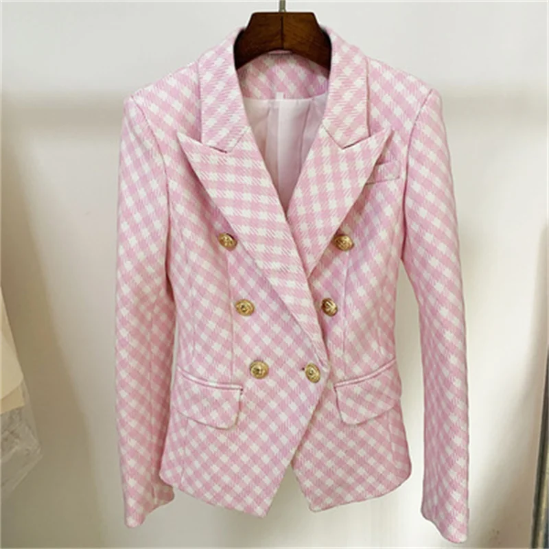 

A5269 High Quality Pink Long Sleeve Pockets Double Breasted Plaid Plus Size Winter Coats For Women 2021