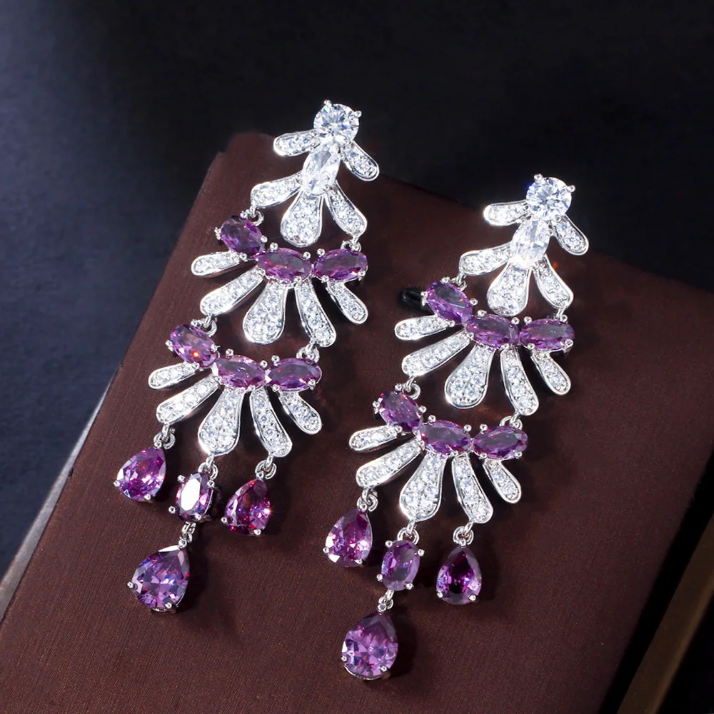 Luxury Royal Purple Cubic Zirconia Crystal Long Dangle Drop Tassel Women Engagement Chandelier Earring for Brides Wedding Party