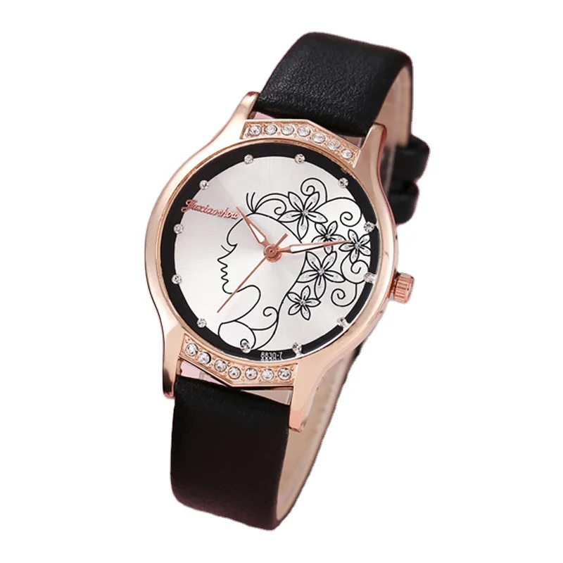 

Wholesale Rose Gold Queen Head Dial Ladies Watch Ladies Thin Casual Leather Strap Quartz Watch