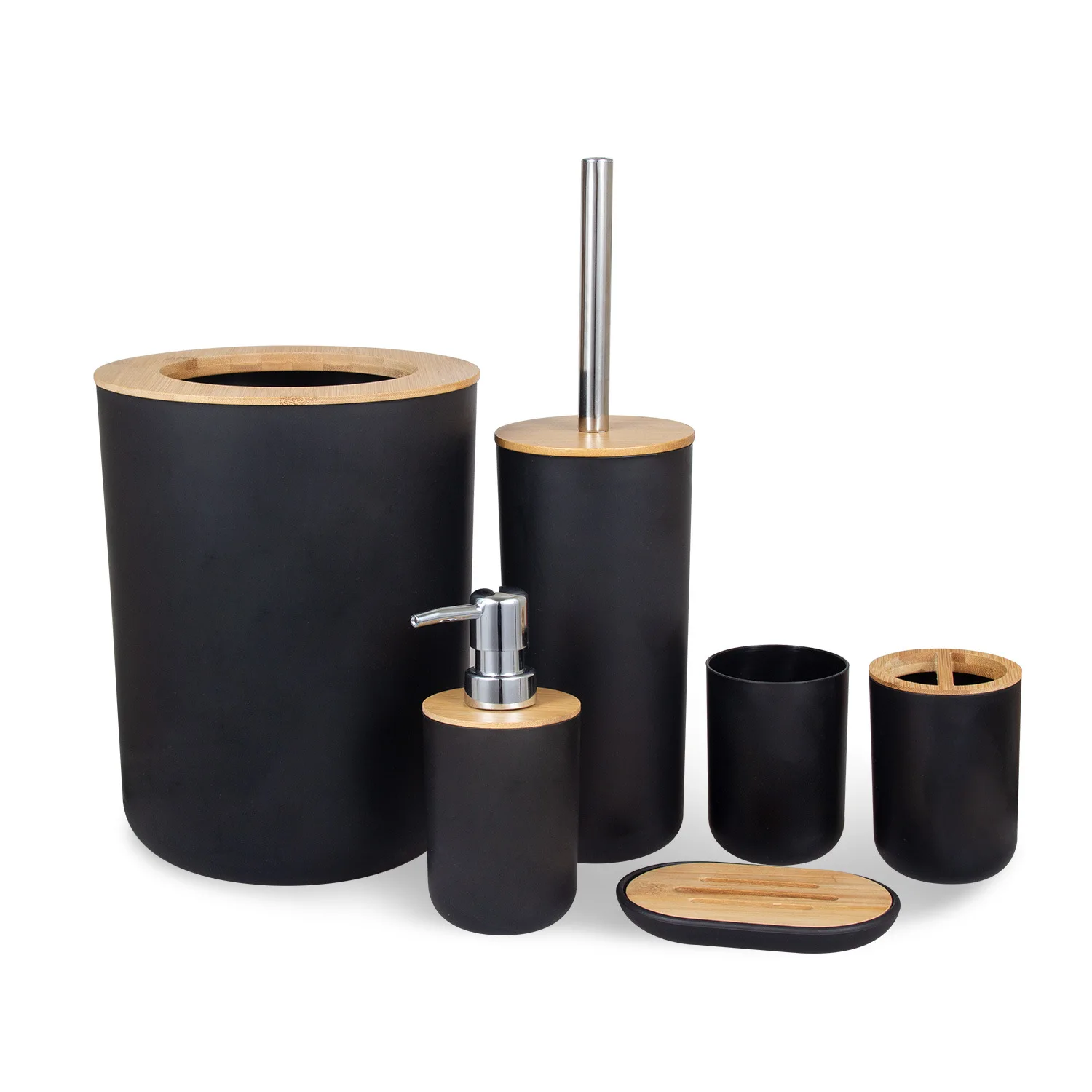 

Popular White PP Plastic with Natural Bamboo Lid 6 Pieces Bathroom Accessory Set, White or black