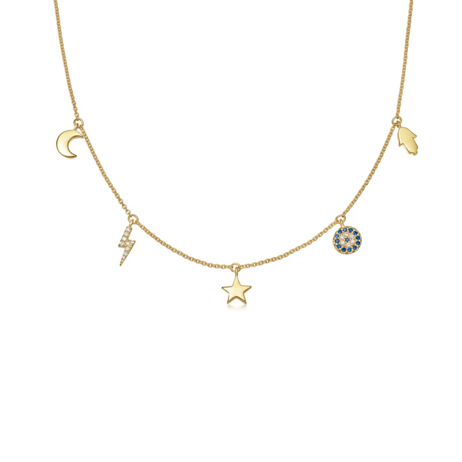 

925 Sterling Silver gold Plated Blue Eye Hamsa Hand Necklace With Cubic Zircon Moon Star Charm Necklace