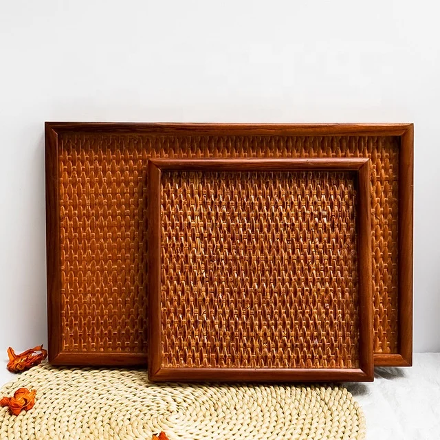 

natural wood serving plates wooden rattan plaited rectangle tray for household and restaurants
