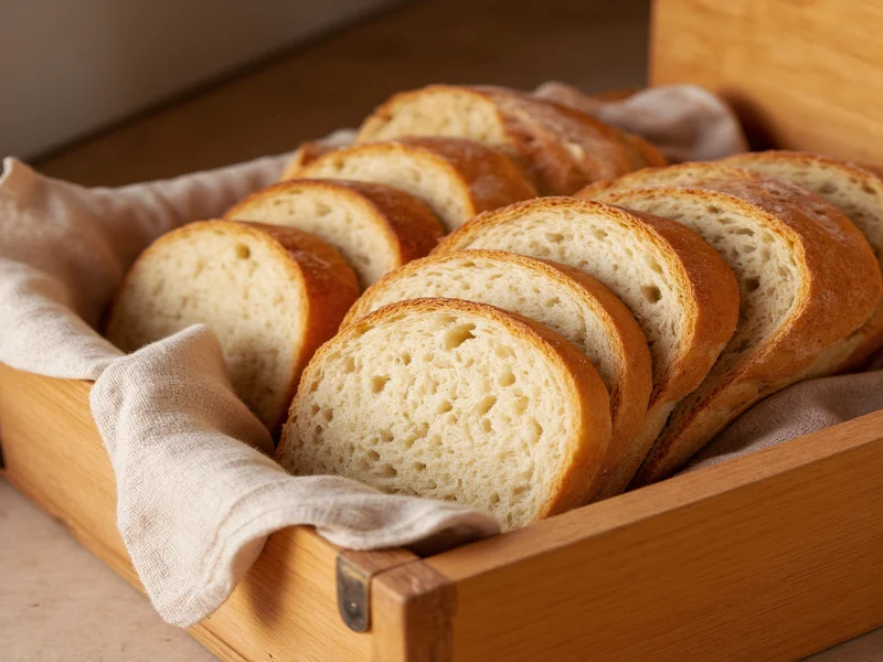 Sliced sourdough bread stored in wooden bread box with linen liner