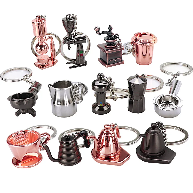 

Wholesale Gifts New Portable Zinc Alloy Keychain Metal Travel Coffee Pot Machine Tamper Themed Metal KeyChains