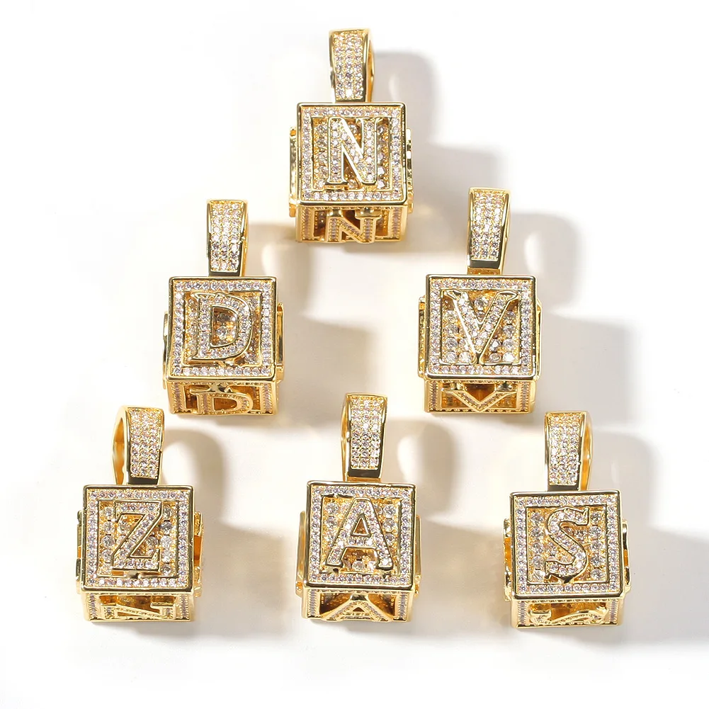 

HOVANCI 4 Hot Sale Custom Jewelry A-Z Single Stereoscopic Square Letter Pendant lnitial Rapper Gold Color Cubic Zircon Necklace
