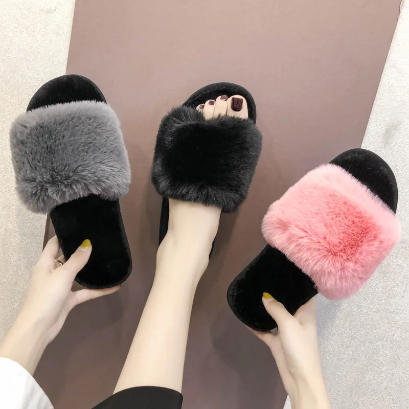 

2021 Super hot Women Slippers Plush material Ladies Slides Quality Sandls women fur fluffy indepedence day slippers, Khaki/black/grey/pink/red