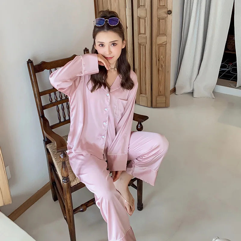 

JULY'S SONG Faux Silk Satin Women's Sleepwear Casual Spring Autumn Long Sleeve Shirts Long Pants Pajamas Female High Quality, Blue red green pink