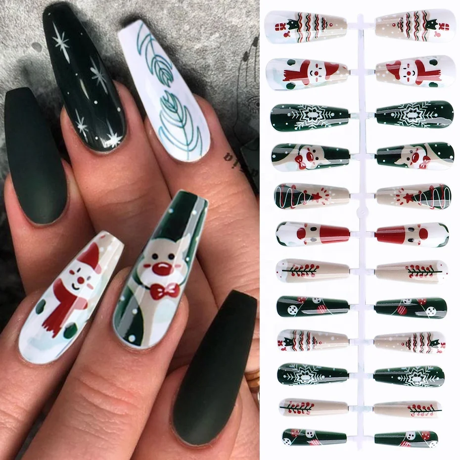 

24 pcs /set Christmas Design Nail Art Tips Snowman Artificial Nails Long Coffin False Nail Tips with Jelly Glue, Picture