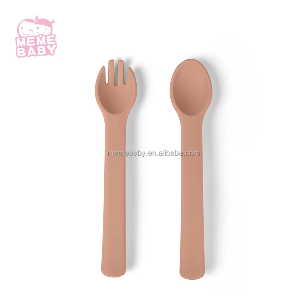 

Non toxic BPA Free Baby Silicone Feeding Fork Spoon Food Grade Silicone Flatware Baby Spoon And Fork Set, Beige,pink,rust,grey,blue