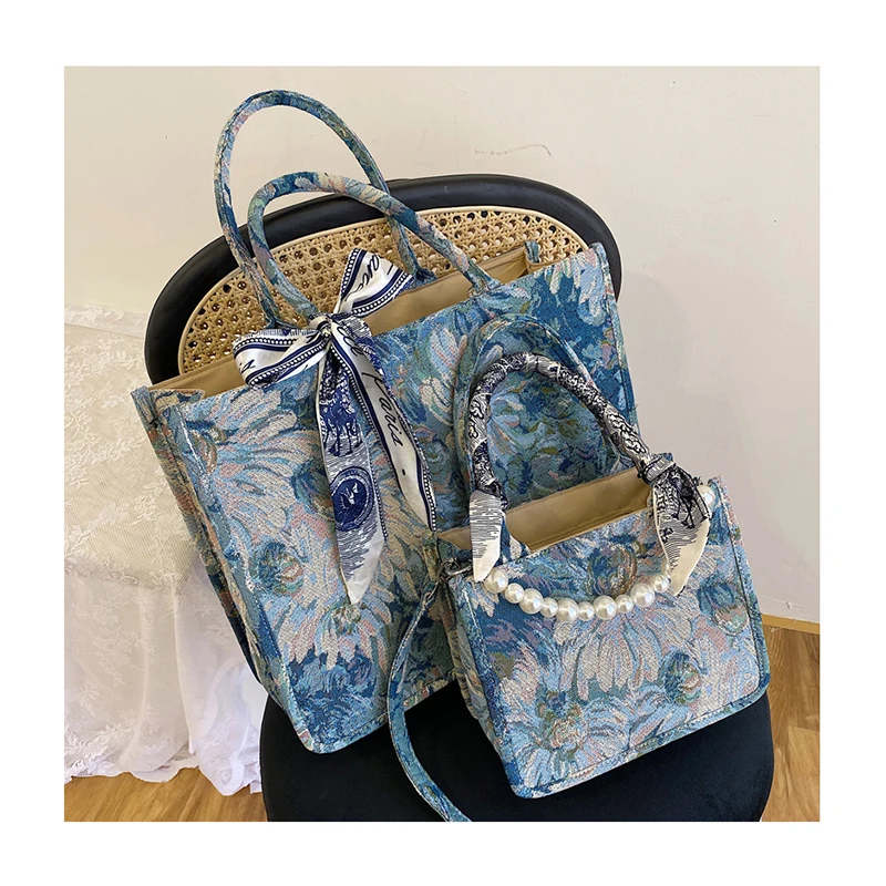 

Flower Oil Painting Large Canvas Tote Luxury Embroidery Shopping Bags Printed Big Handbags and Purses Scarf Pearl Hand Bags Sac