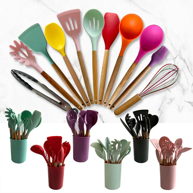 

Good Price Good Quality Reusable Wooden Handle 11 Silicone Cooking Utensils Kitchen Utensil