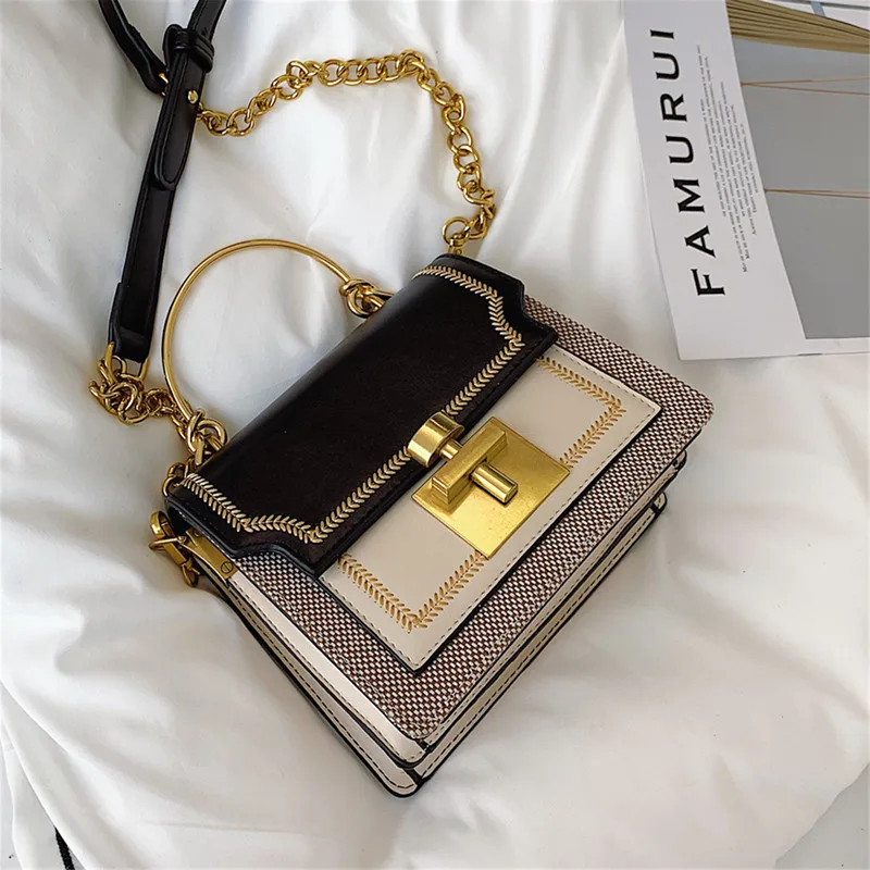 

2019 new popular vintage geometric pattern chain square messenger crossbody bag embroidery shoulder handbags for women