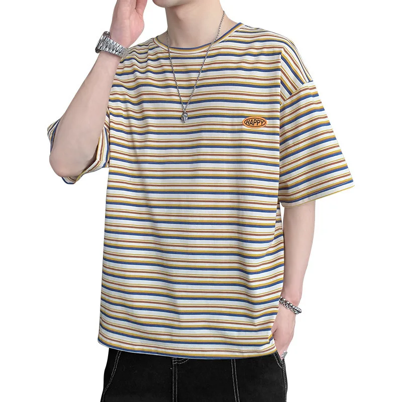 

Wholesale Summer New Designed Korean Style Loose Stripe Short Sleeve Trend men's T Shirt, Picture shows