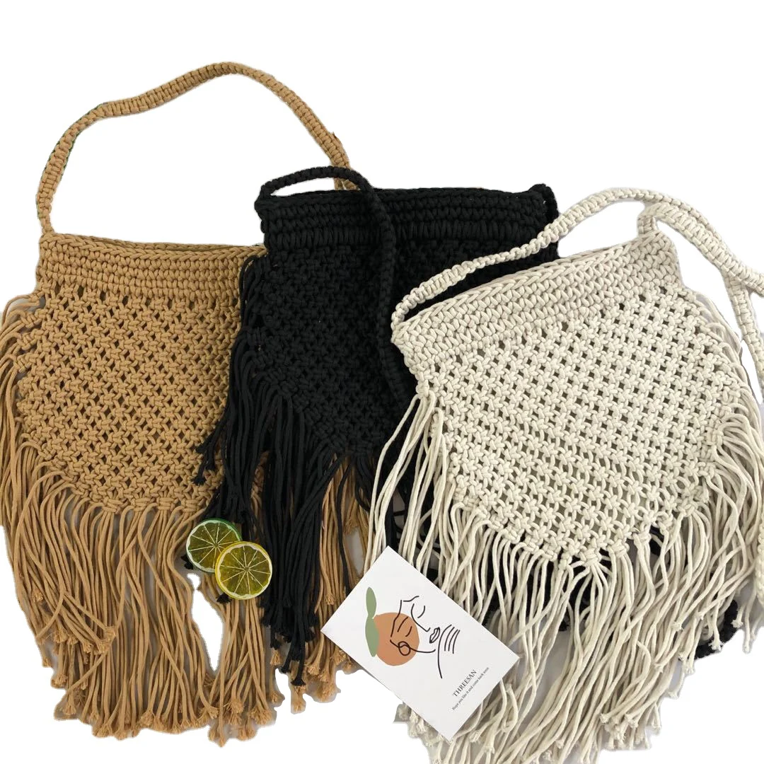

OEM fashion ethnic style cotton summer bags straw beach shoulder bags with tassels, Customizable