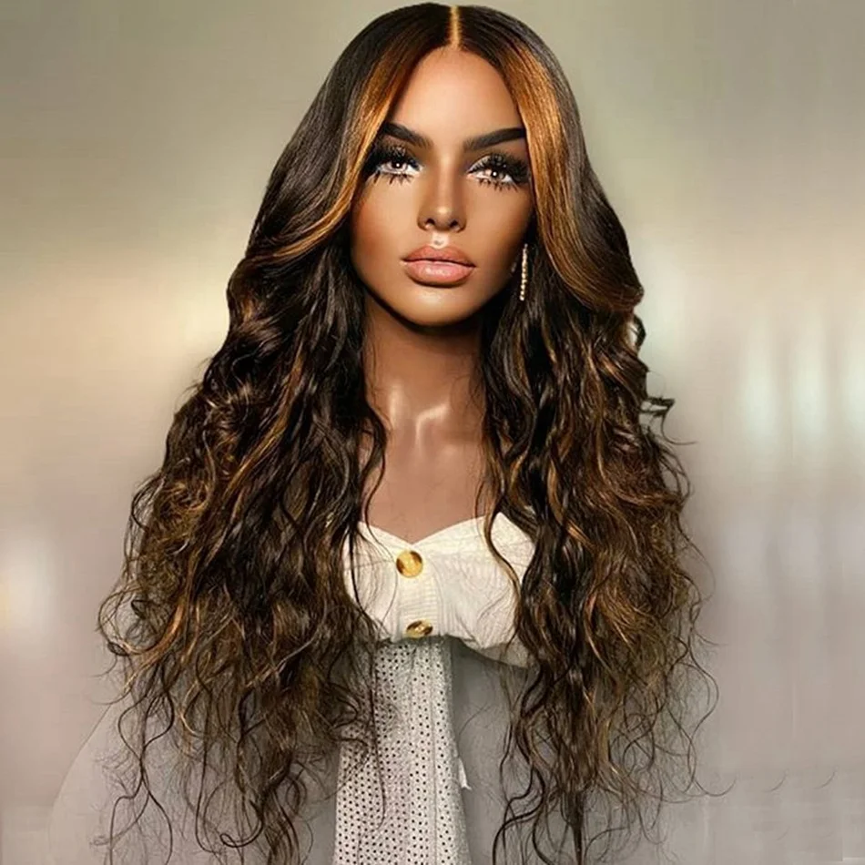 

Fashion Products Long Body Wave Medium Brown Color Human Hair Full Lace Wigs With Highlight Color