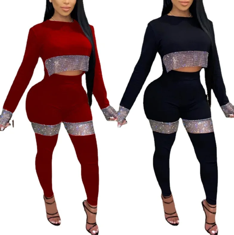 

New arrivals Summer outfit 2021 long sleeve women crop top and patchwork two piece pants set women clothing