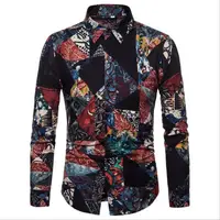 

Fashion Men's Clothes Hot Selling Floral Printing Long Sleeve Cotton Hemp Men Casual Shirts