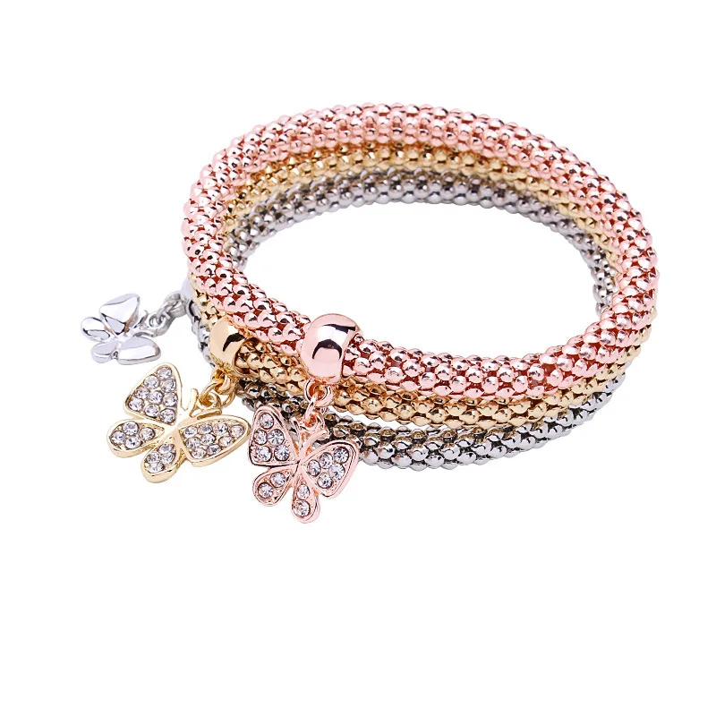 

Fashion Stretch Bracelet Rose Gold Silver Gold Plating Elastic Crystal Butterfly Charm Corn Chain Bracelet