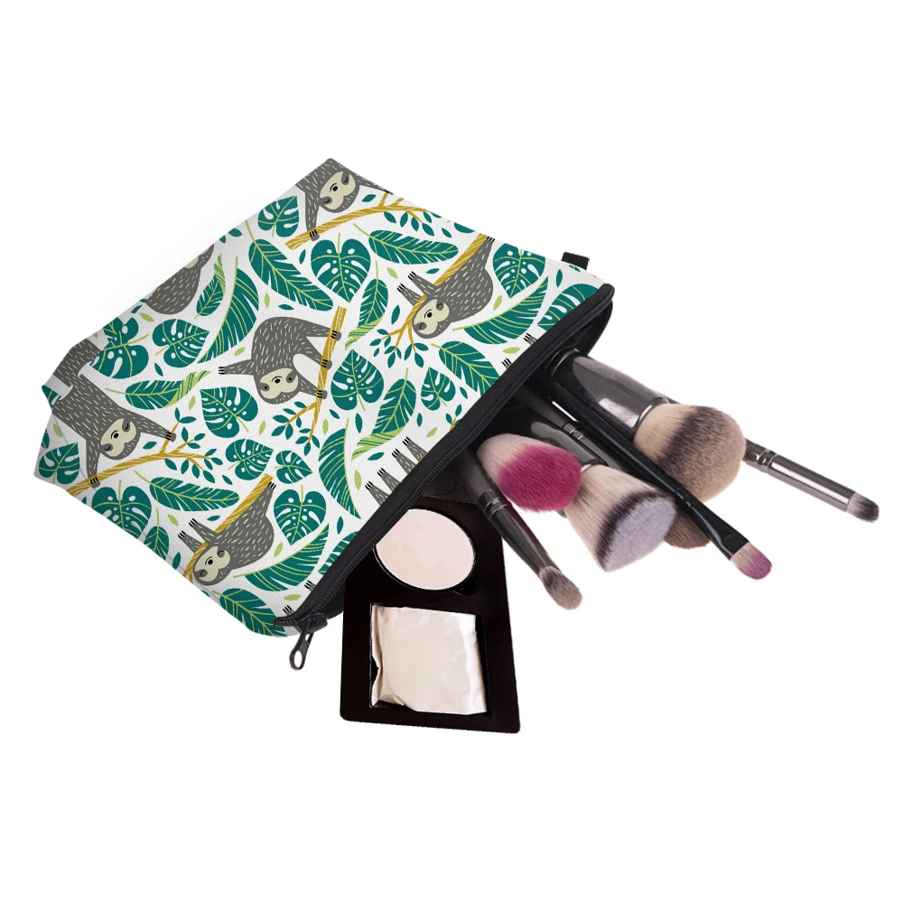 
wholesale custom Polyester vector tropical leaves print makeup bag elegant women small cosmetic bag sloth gift 