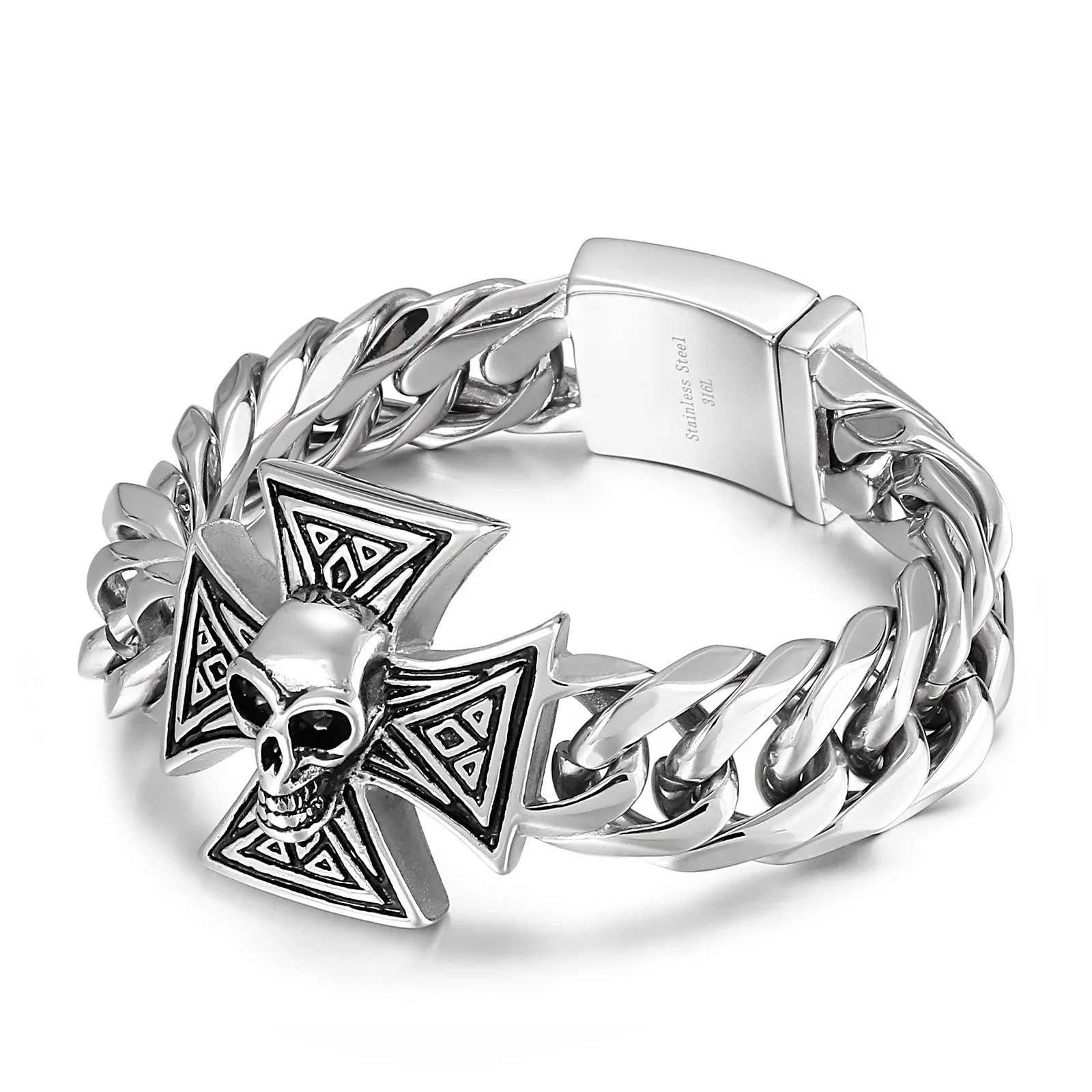 KALEN Jewelry Punk Skull Bracelet Personal Cross Skeleton Skull Hand Stainless Steel Bracelet Men