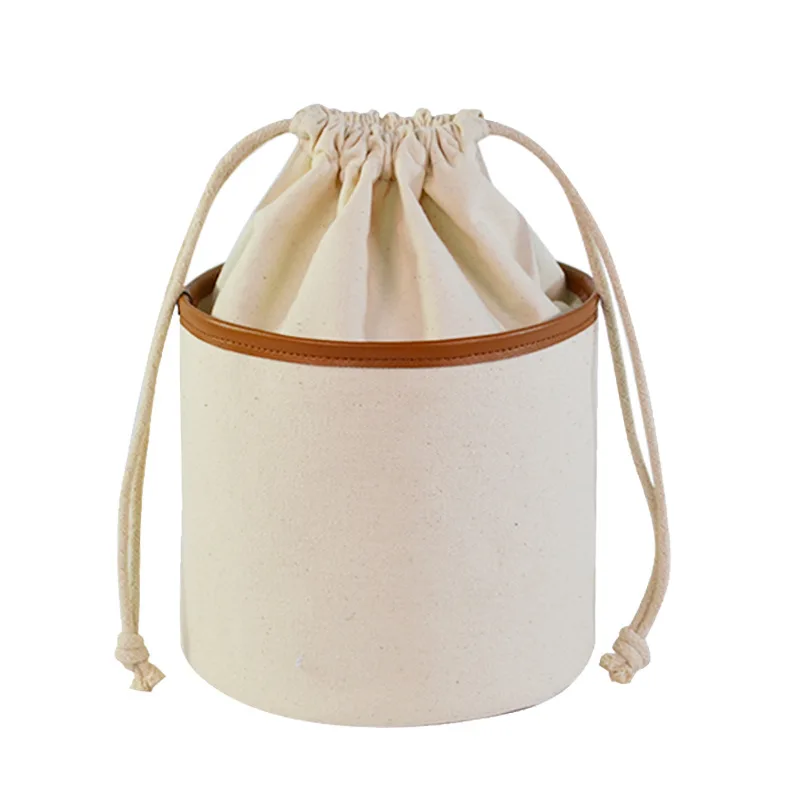 

Luxury Fancy  Logo Cotton Canvas Cosmetic Bag Drawstring Closure Make Up Storage Barrel Bag