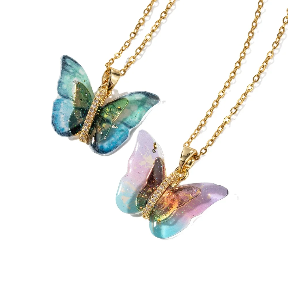 

2023 new 18K gold-plated stainless steel colorful butterfly necklace romantic zircon resin pendant necklace jewelry female