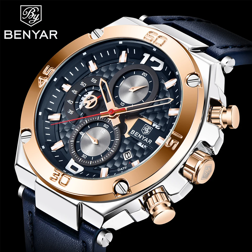 

Fashion Brand BENYAR Luxury Men Leather Quartz Watch Chronograph Wristwatch Male Sport Military 2020 Relogio Masculino, Shown