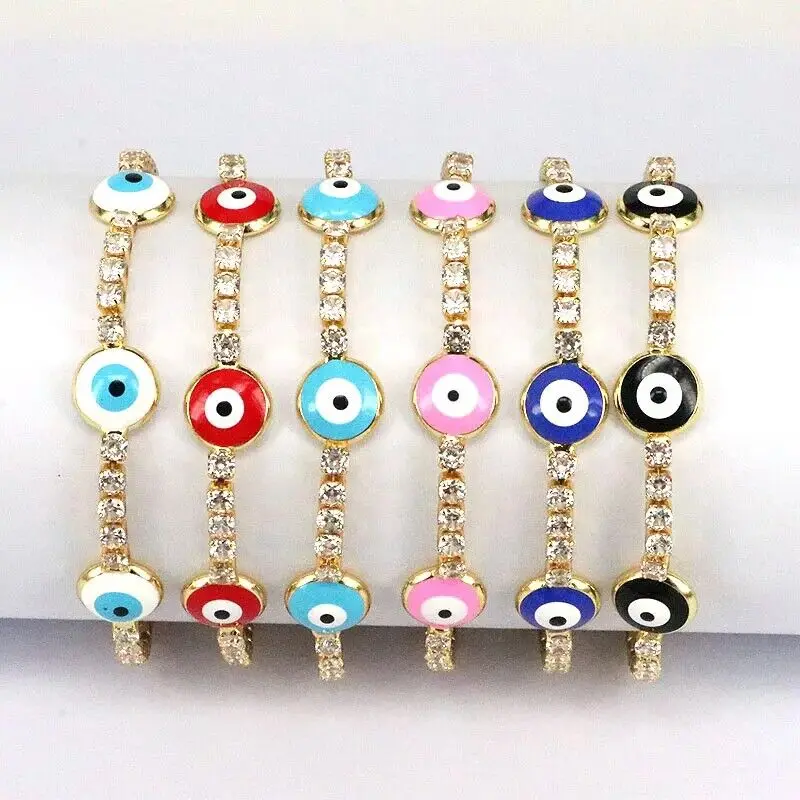 

CSJA Fashion 18k Gold Plated Micro Pave Iced Out Cubic Zircon Lucky Turkish Enamel Evil Eye Bracelet For Women Teen Girls S990