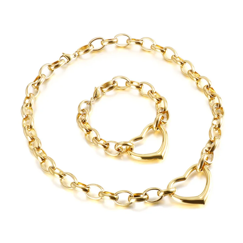 

Elegant Jewelry Accessories Heart Bracelet Link Chain Necklace Stainless Steel Jewelry Set