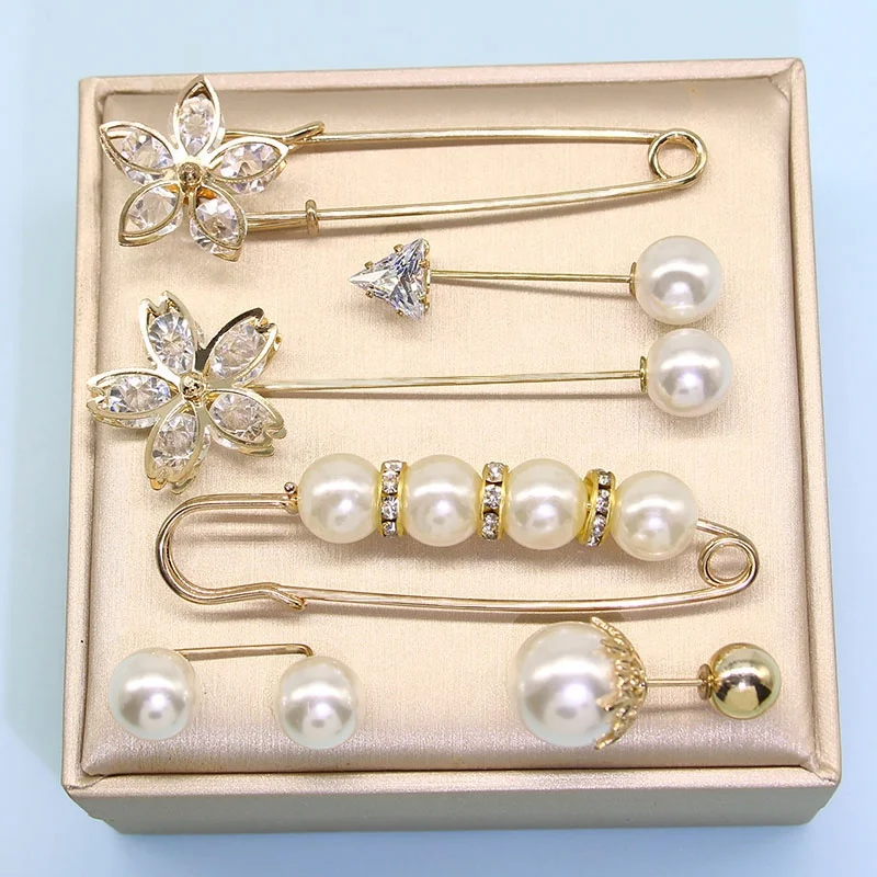 

6-piece set of pearl brooch fashion zircon decorative clothes flower-shaped corsage fashion clothes waist pin jewelry, Golden