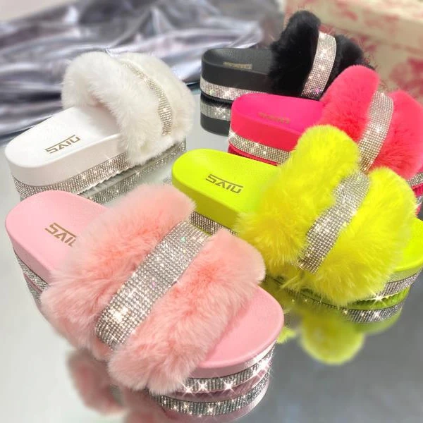 

Faux fur women shoes platform diamond slides rhinestone plush thick sole bling slippers outdoor lady sandal