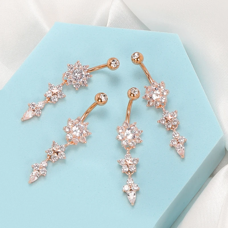 

POENNIS Zircon Flowers Belly Button Rings 6 Medical Steel Belly Button Nail Zircon Tassel Navel Nail Belly Piercing Body Jewelry, Rose gold