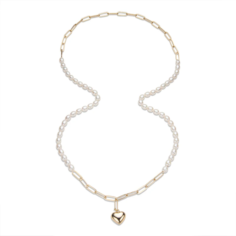 

14K Gold Filled Heart Shape Pendant Necklace 6-7mm White Freshwater Pearl Necklace for Women with Link Chain 30''