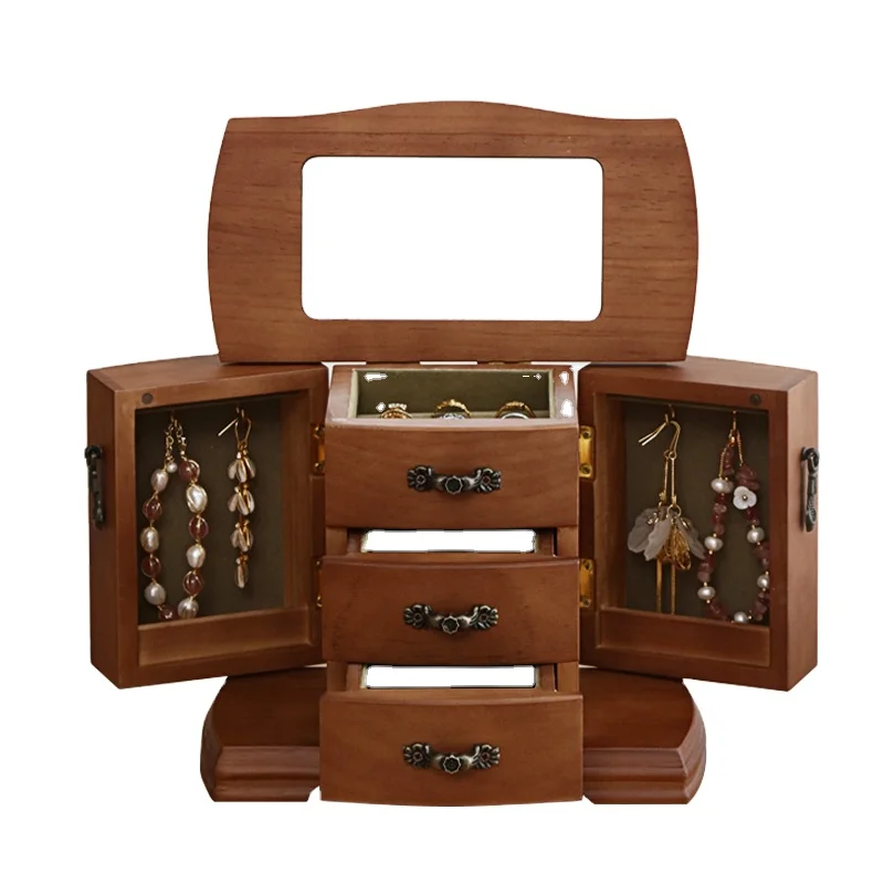 

Retro selection of high quality thickened plate jewellery box with exquisite handle, Brown