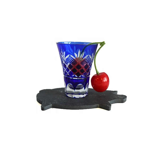 

stock feature handmade cobalt blue cased Cut to Clear shot glass sake cup 50ml for party bar
