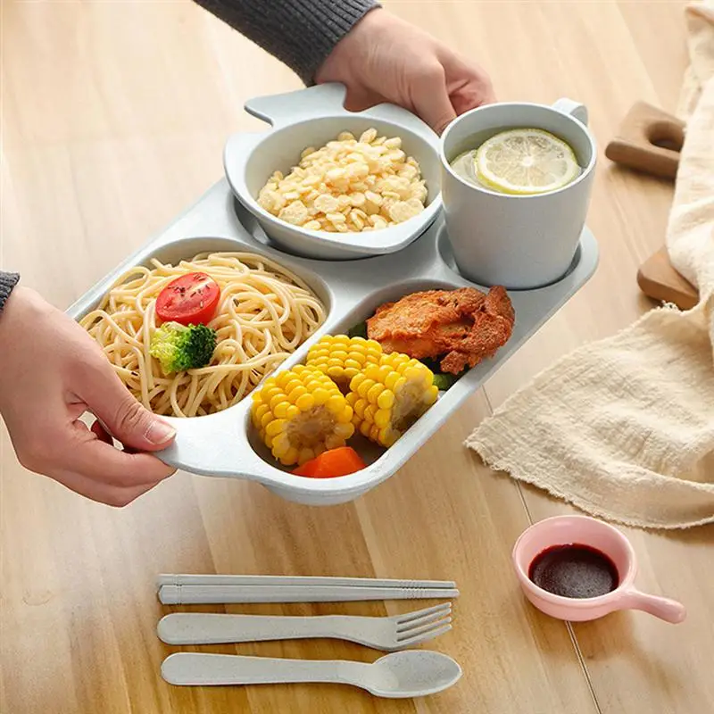 

Food Container Biodegradable Wheat Straw Kids Dinner Tableware Plastic Divided Food Plate Dining Bowl For Children, Pink/blue/beige