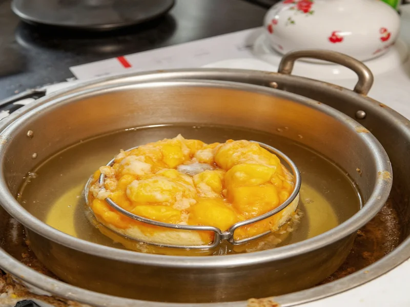 Water bath setup showing springform pan surrounded by hot water in roasting dish