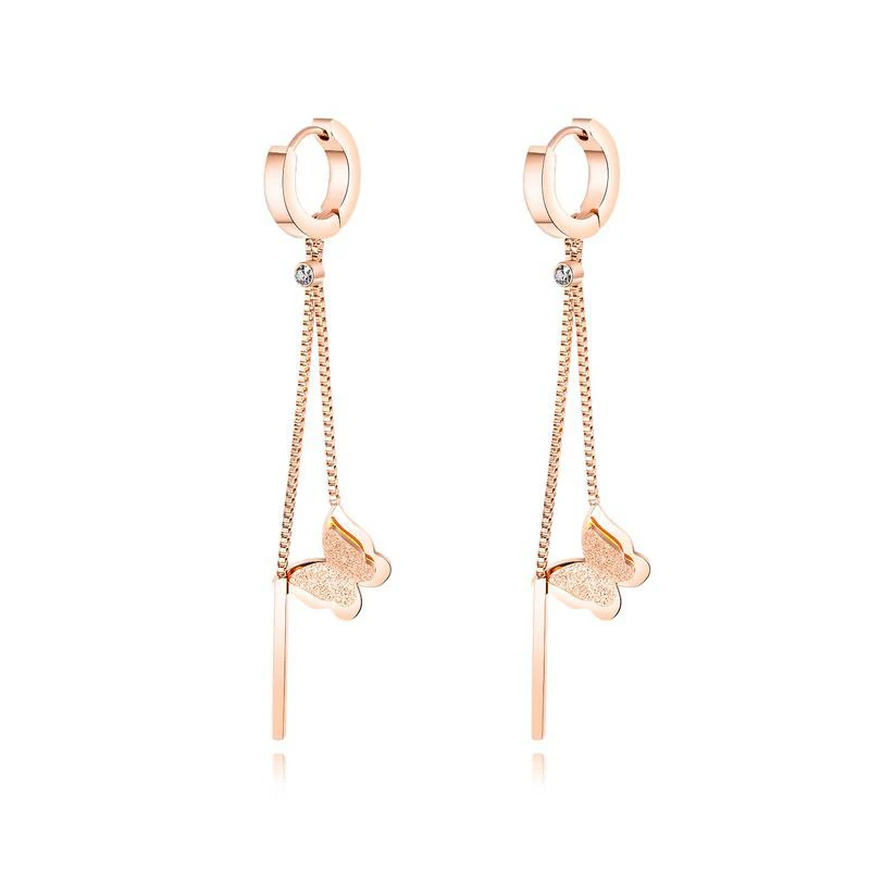 

Fashion sweet long tassel butterfly earring titanium stainless steel rose gold plated ladies earrings, Picture shows