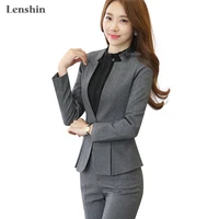 

Lenshin 2 piece Gray Pant Suits Formal Ladies Office OL Uniform Designs Women Business Work Wear Jacket with Trousers Sets