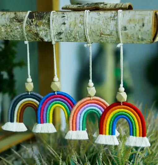

Woying Handmade macrame hand-knitted aromatherapy diffuser essential oil key chain rainbow color tassel key ring, As picture
