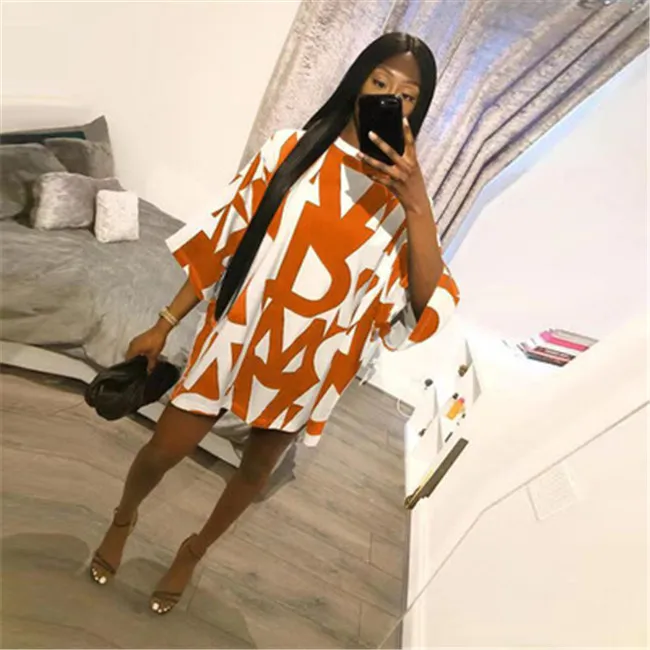 

Womens clothing 2021 summer letter print loose T-shirt skirt 100% polyester casual dresses