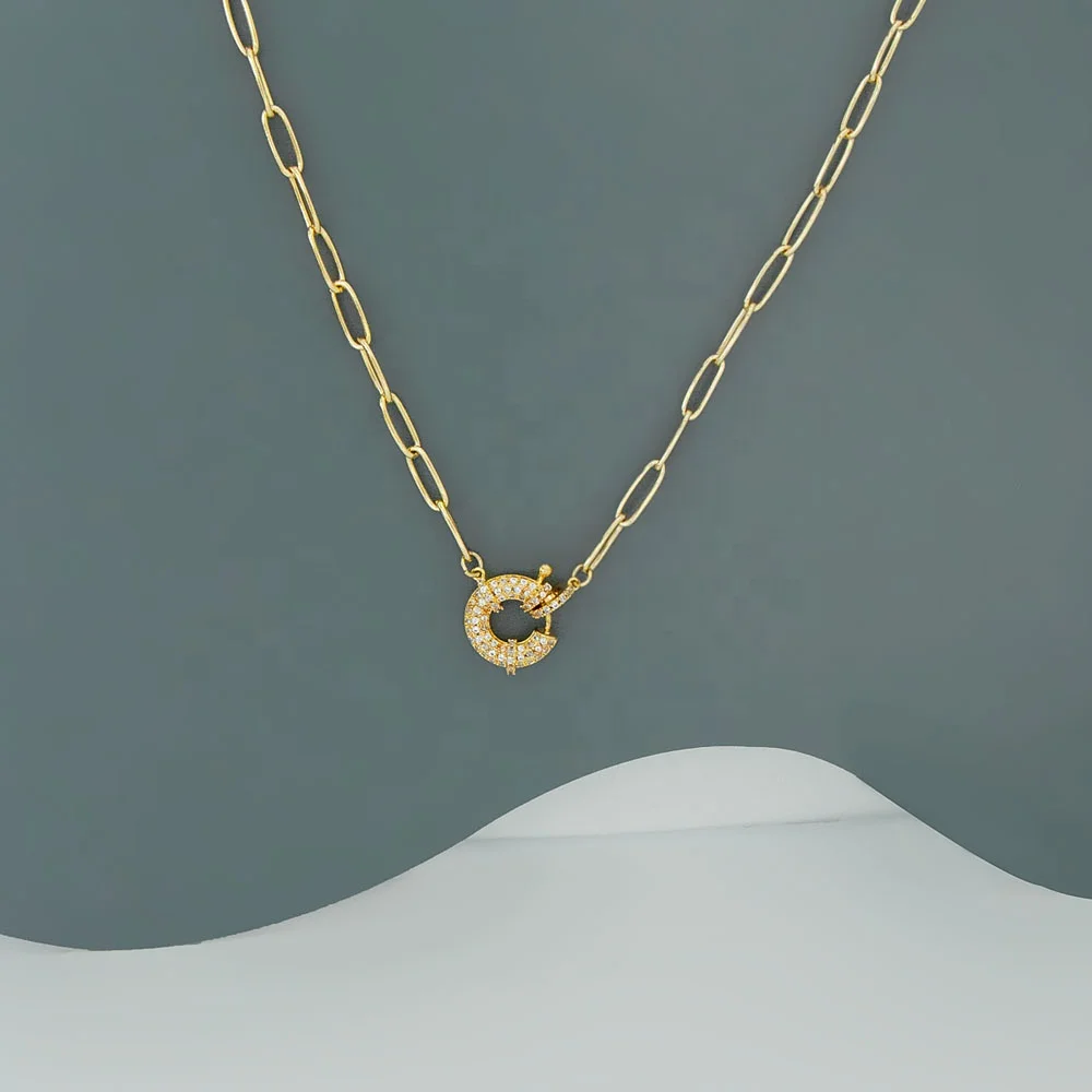 

New design irregular dainty chain with shinny circle pendants necklaces gold plated cubic zircon paperclip chain necklace N0396