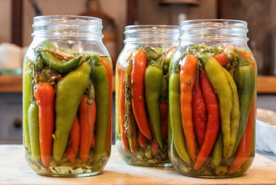 Manzano peppers being prepared for pickling in glass jars with garlic and herbs