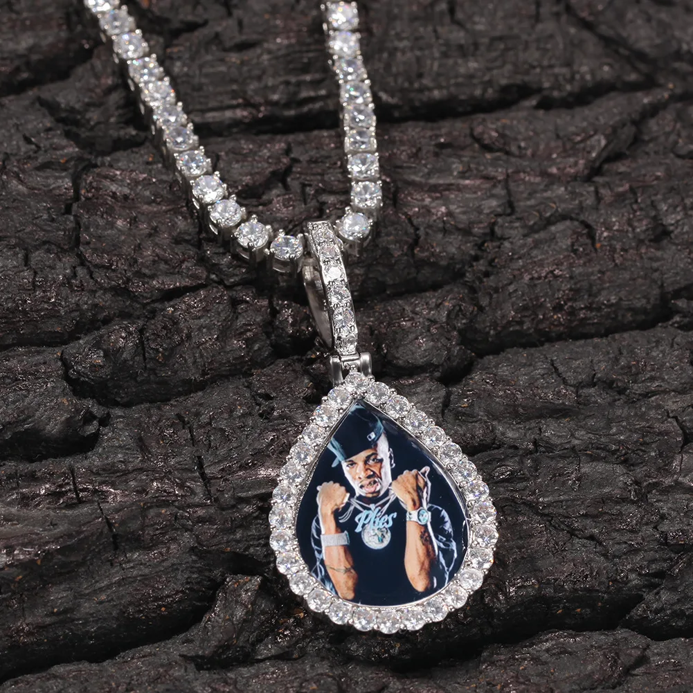 

Hip Hop Jewelry Iced Out CZ Cubic Zirconia Memory Medallions Necklace Custom Photo Pendant Water Drop Picture Pendent Necklaces