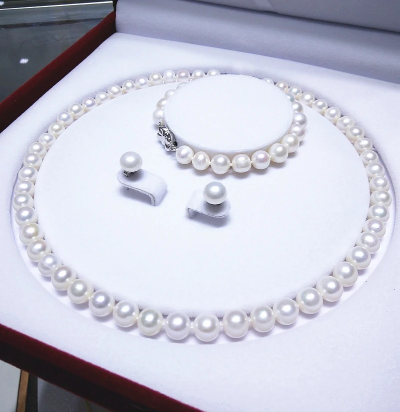 

Classic White Pearl Necklace Sets 8-9mm Round Real Freshwater Pearl Necklace Bracelet And Earring Set