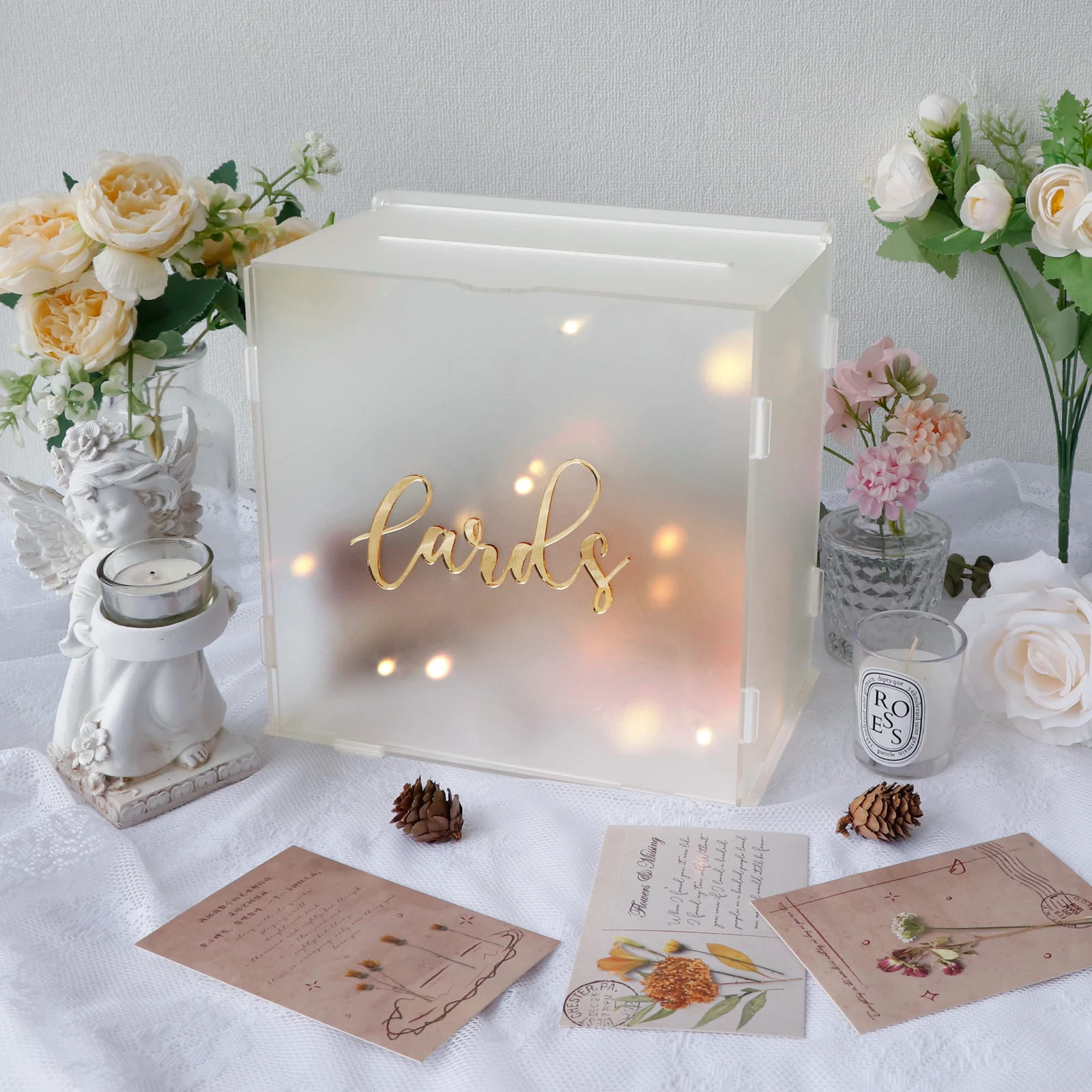 

Ourwarm Frosted Acrylic Wedding Card Box with String Light for Party Wedding Decoration