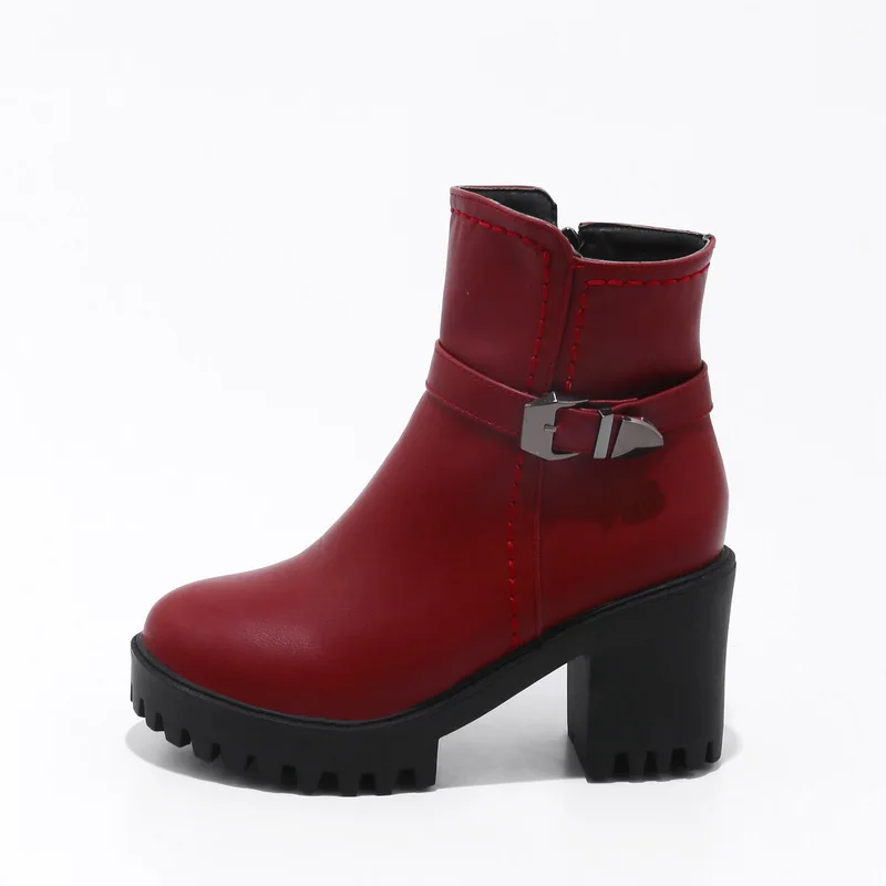 

Beautiful Black Sexy Women High heels Belt Buckle Side Zipper Winter Leather Boots, Black/red