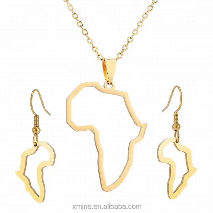 

New Stainless Steel Ladies Africa Map Hollow Pendant Necklace Titanium Steel Africa Map Pendant Earrings Two-Piece Set